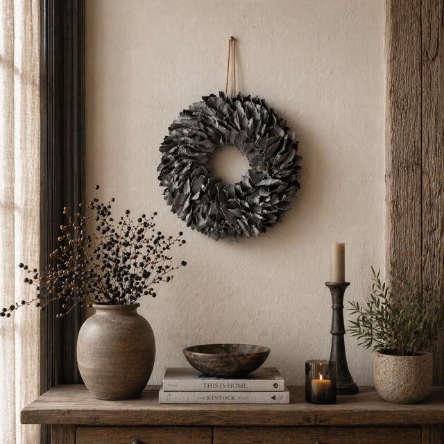 Krans palm petal wreath dark grey wash. afbeelding 0