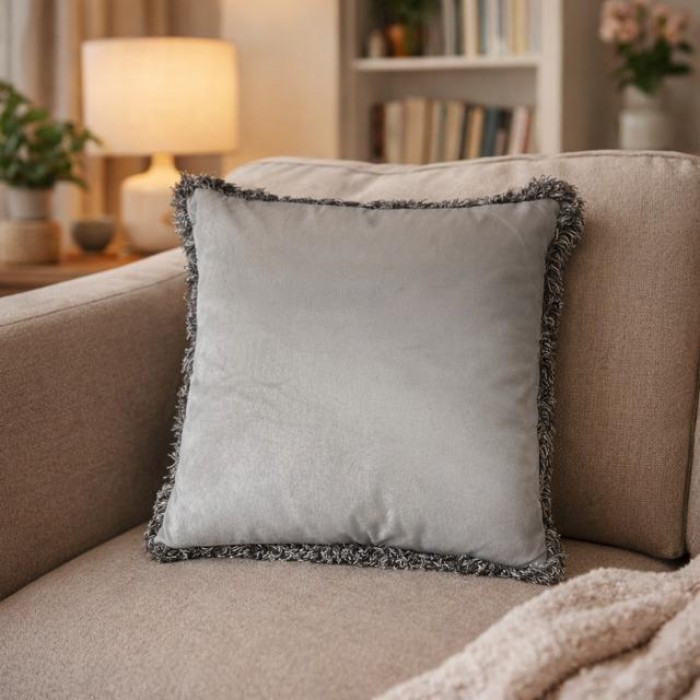 Kussen velvet beige met franjes.