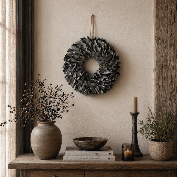 Krans palm petal wreath dark grey wash.