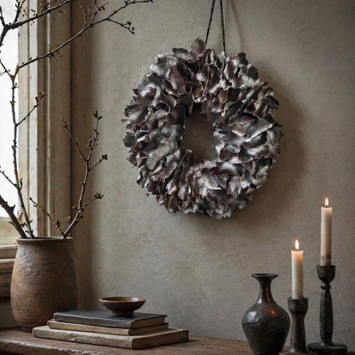 Krans palm petal wreath white wash. 